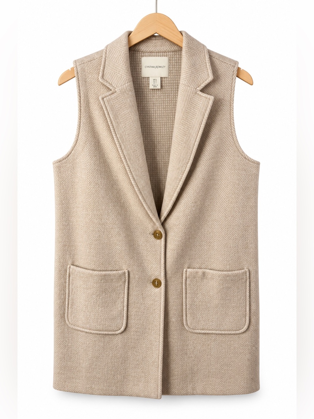 Cynthia Rowley Beige Herringbone Long Vest Large Sleeveless Blazer Quiet Luxury